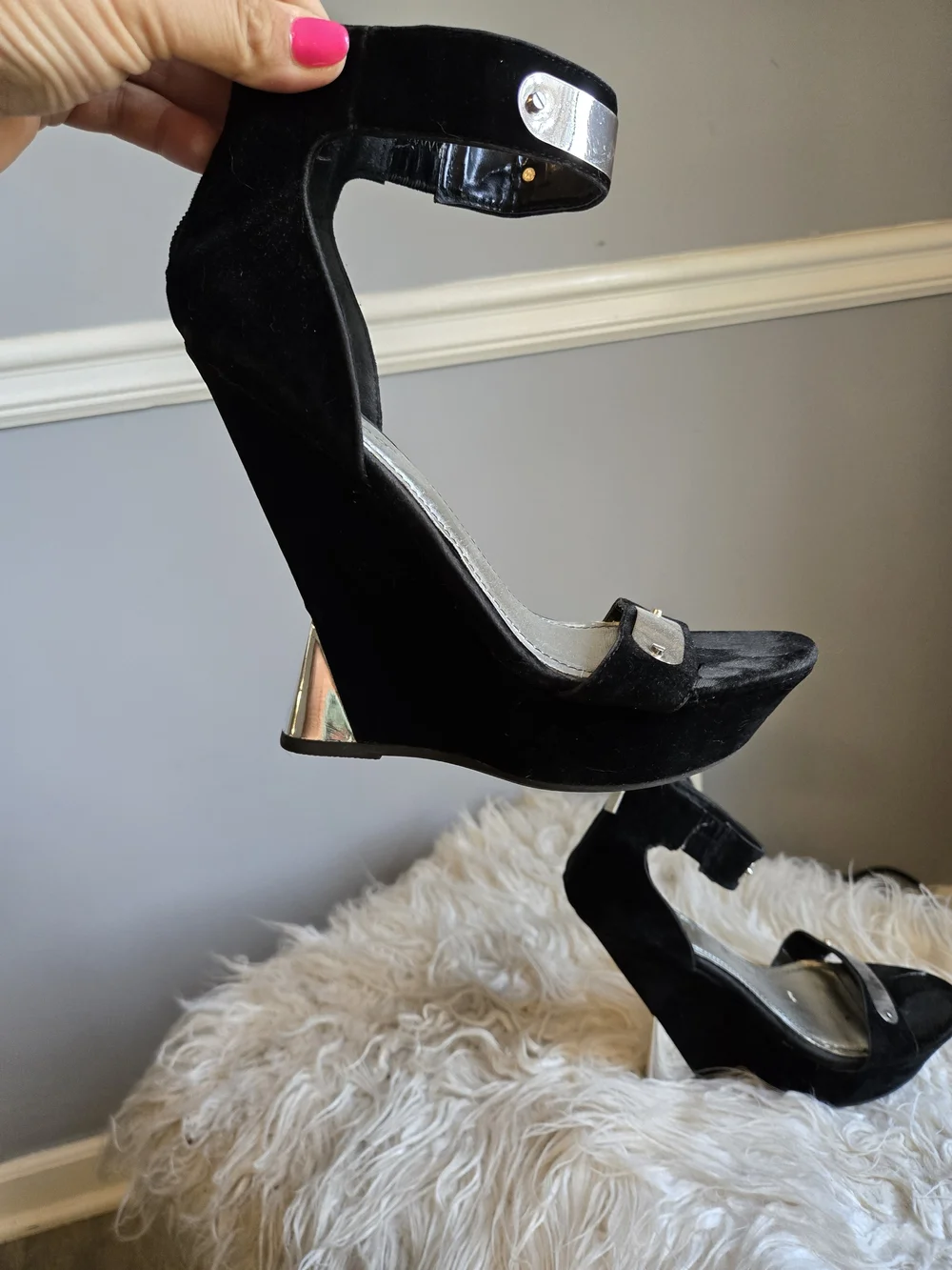 Black Suede Ankle-Strap Wedge Heels with Silver Accents